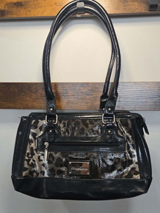 Nygard Collection Handbags - Black Leopard-Print Patent Shoulder Bag